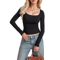 Slim fit ribbed knit top in black with white contrast U-neck trim and long sleeves - S / Black