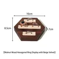 Hexagon walnut wood ring display stand with beige velvet slots measuring 10x8.5x1.7cm - Walnut Hexagon Ring Stand - Beige Velvet