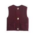 Détail du gilet en maille bordeaux avec col rond et grands boutons brillants - S / Fuchsia