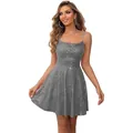 Sparkling silver sequin sleeveless skater dress with thin straps and a slim waistline - US size 2 / Bottoms / Gray