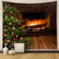 Detalle de tapiz de árbol de Navidad que muestra escena de chimenea en tejido poliéster - Árbol de Navidad Suelo de Madera Tela Cepillada(GT100583) / 73X95CM