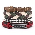 Handmade 4-piece vintage leather bracelet set with wooden beads and 'Believe' metal plate - HTK002-A Believe Red Style