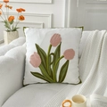 White square pillow case with pink tulip flower embroidery and green piped edges - 3 Pink Tulips (Cover Only)