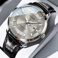 Comudir herenhorloge quartz met zilveren wijzerplaat, zwart leren band en dag-datum - Zakelijke Quartz Stijl / Zwart Leer Grijze Wijzerplaat (A70)