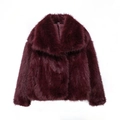 Short wine red faux fur coat for women with classic lapel in high texture finish - XS / Burgundy