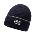 Navy blue ribbed knit beanie with stylish grey stripe and decorative fashion patch - One Size / Navy Blue