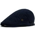 Dark blue cotton flat cap with letter embroidery and adjustable metal buckle back - Adjustable / Navy Blue