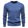 Detail of navy blue cable knit sweater with white giraffe embroidery on chest - S / Blue