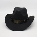 Detail of western cowboy hat with brown band and bronze bull skull metal rivet - One Size / Black (Rivet Bull Head)