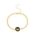 Golden box chain bracelet featuring a vintage black round butterfly pendant charm - Gold Black Butterfly Pendant Style (K-674)