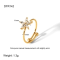 Detailed macro view showing the 11mm floral zirconia charm and 1.3g lightweight ring specs - DFR142 Gold Crystal Flower Open