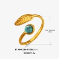 Adjustable golden stainless steel ring with leaf detail and turquoise gemstone - Turquoise