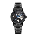 Macro view of skeleton mechanical watch movement with blue hands and black steel links - Male Style / Black
