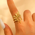 Adjustable golden leaf ring with multi-layer wrap design and olive branch texture - Gold (12304)