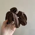 Brown satin fabric hair scrunchie with a vintage French ruffle design for women - Dark Brown