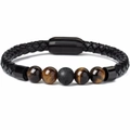Men's braided leather bracelet with 8mm tiger eye beads and magnetic clasp - Yellow Tiger Eye