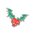 Dettaglio della spilla in smalto a pipistrello con bacche a teschio per Halloween - Teschio Stile Agrifoglio / Rosso e Verde