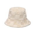 Winter plush bucket hat with cream checkerboard pattern in soft faux rabbit fur texture - M(56-58cm) / Beige