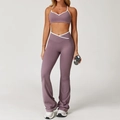Dames yoga set in stoffig lila met witte bies en broek met kruisende taille - S / Boven- En Onderstuk / Paars (Flare Stijl)