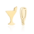 Close-up of asymmetrical gold stainless steel earrings featuring chicken leg and martini glass - 190-Bottle Glass / Gold