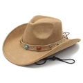 Faux suede western cowboy hat in khaki with turquoise beaded band and windproof cord - M (56-58cm) / Camel