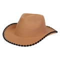 Brown wool felt western cowboy hat with unique black braided trim edge on white background - M (56-58cm) / Khaki