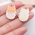 Pink coffee cup pendant with orange cat and golden frame enamel jewelry accessory - Pink Cup Orange Cat