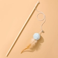 Cat wand toy featuring a wooden rod with blue woven ball and natural feather attachment - Paper Rope Ball Blue
