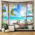 Détail d'une tapisserie de plage tropicale avec palmiers 3D et vue sur mer au mur - Pavillon de Plage Tropicale (GT200157) / 73X95CM (Brossé Transfrontalier)