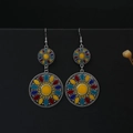 Bohemian multi-color enamel double round dangle earrings in silver finish - Silver + Multicolor Enamel Rounds (E7978)