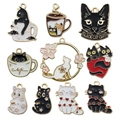 Mixed set of 10 black and white cat enamel charms for DIY earrings and necklace pendants - 10 Styles Mixed Enamel Cat Set