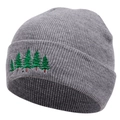Close-up of grey ribbed knit beanie featuring detailed green pine tree embroidery on cuff - M (56-58cm) / Gray
