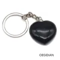 Polished heart-shaped black obsidian stone keychain with silver metal ring and chain - Obsidian