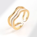 Golden double-layer wavy open ring with sparkling white inlay for women, minimalist design - Wave Double Layer Gold and White (AJ764)