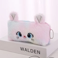 Plush cat pencil case with macaron gradient fur and sequined ears on display stand - Pink Multi