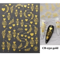 Detail showing 3D gold heart and rose nail stickers applied on various nail polish colors - CB-230 Heart Flower Line Style (CB-230) / Gold