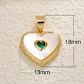 18K gold plated heart pendant with white shell and green zircon, 13mm by 18mm size - Green Zirconia White Shell Heart