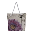 Detail of ethnic canvas tote bag featuring purple floral embroidery and thick rope handles - Pink Lotus