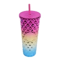 Reusable plastic tumbler with pink and blue gradient and diamond textured surface - Electroplated Gradient Rose Red Blue