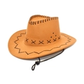 Close-up of suede cowboy hat with black stitching details and adjustable wind rope - Cattle Yellow
