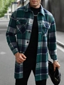 Men's green and dark grey plaid flannel shirt jacket with dual chest pockets - 3XL / Army Green