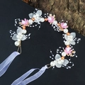 Flower girl headband featuring white pearls, pink flowers and purple ribbons for wedding - Flower Garland Headpiece / Purple