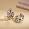 Detail of silver C-shape earrings with large oval crystals on a textured surface - C-Shape Chunky Oval Crystal Inlaid Style (3#)