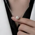 Collana a catena box in argento minimalista con perla da 6mm indossata al collo - SY318【6mm】-Collana a Catena Sottile d'Argento con Perla Singola da 6mm