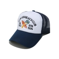 Dettaglio del ricamo a palma e della trama a rete su un cappello trucker blu navy - M (56-58cm) / Contrasto Blu Notte e Bianco