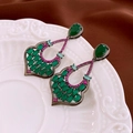 Vintage style long drop earrings with green pear-shaped gemstones and pink crystal trim - Vintage Palace Deep Green & Pink Zircon Style (34# Silver Earring Post - Green-Pink)