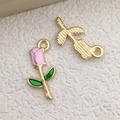 Pink enamel rose pendant with gold alloy base for DIY jewelry making accessories - Pink Rose Flower 9x18mm (12317)