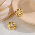 Golden titanium steel wreath earrings with stacked oval petals and central white pearl - Artificial Pearl Wreath