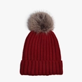 Solid burgundy knit beanie for parent-child with a fluffy faux fur pompom decoration - Adult Size (56-60cm) / Dark Red