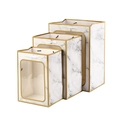 Three marble pattern gift bags with clear gold-framed windows and white handles - White Marble With Gold Edge